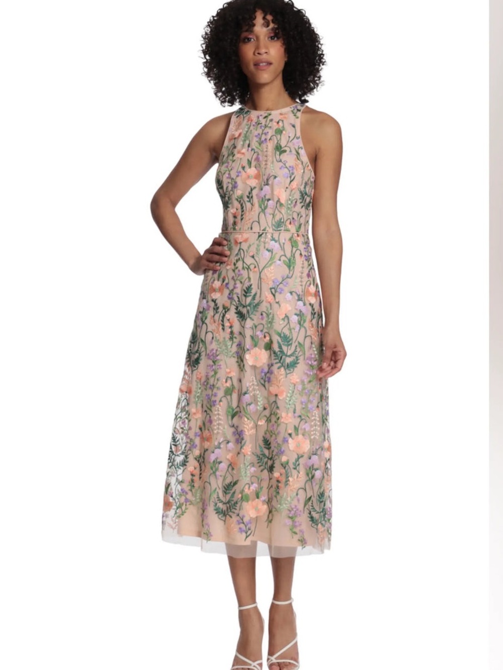 Maggy London Peach Embroidered Floral Dress with Green & Lavender Accents